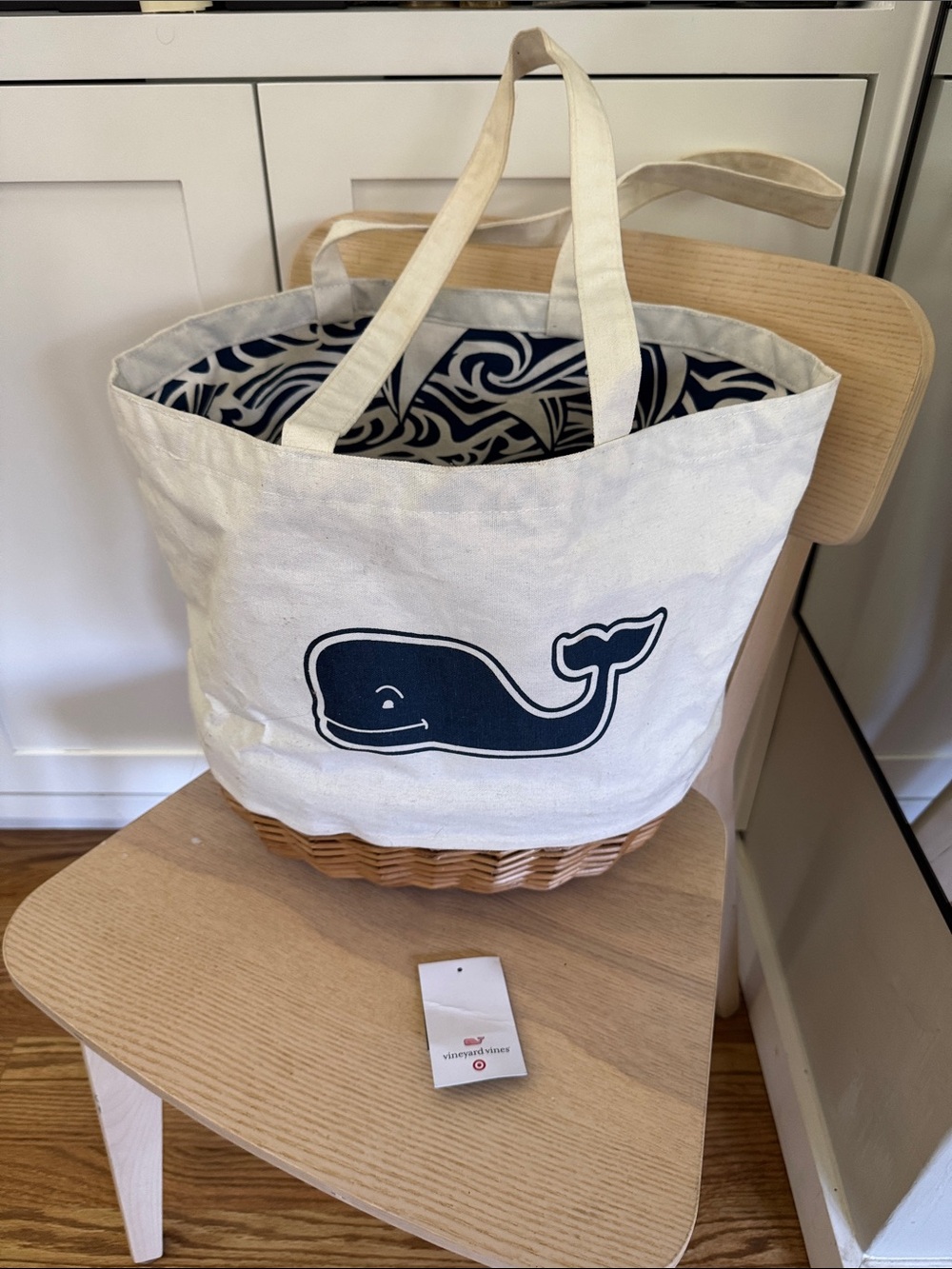 Vineyard Vines x Target Cream Canvas Tote with Navy Whale and Wicker Base